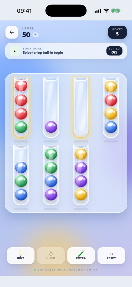 Hard Ball Sort level with five colors across multiple tubes