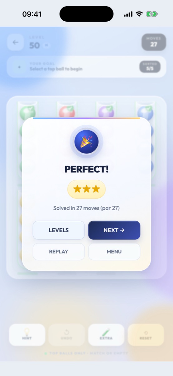 Ball Sort level-complete screen with three stars