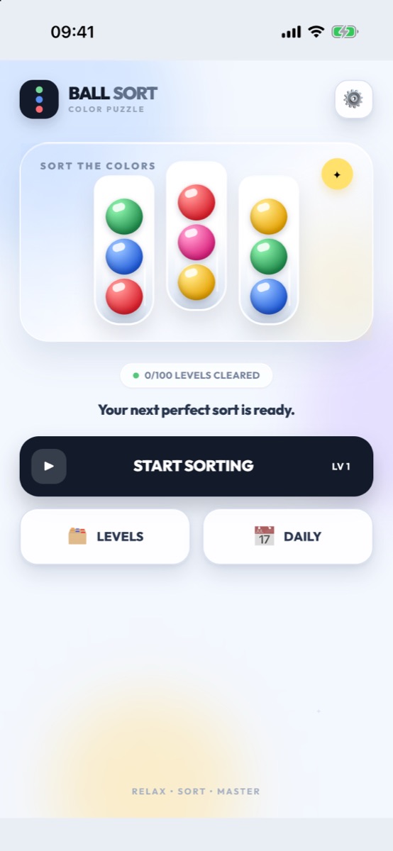Ball Sort main menu with colorful balls arranged in glass tubes