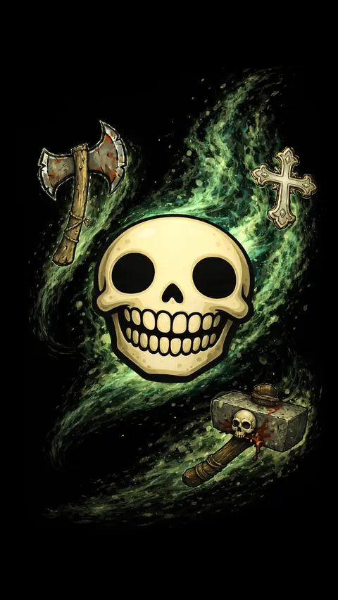 Die Laughing game splash art with dark humor aesthetic