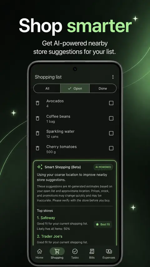 Roomli shared shopping list with items and quantities