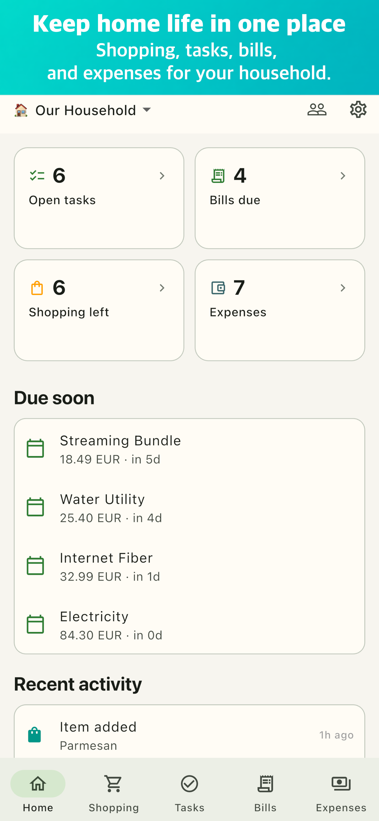 Roomli home dashboard showing open tasks, bills due, shopping list, and expenses