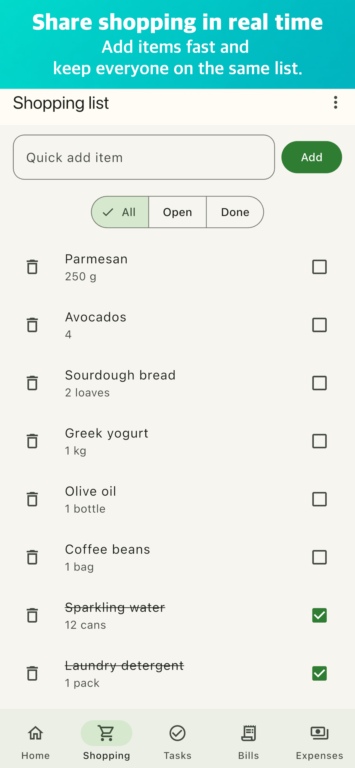 Roomli shared shopping list with items and quantities