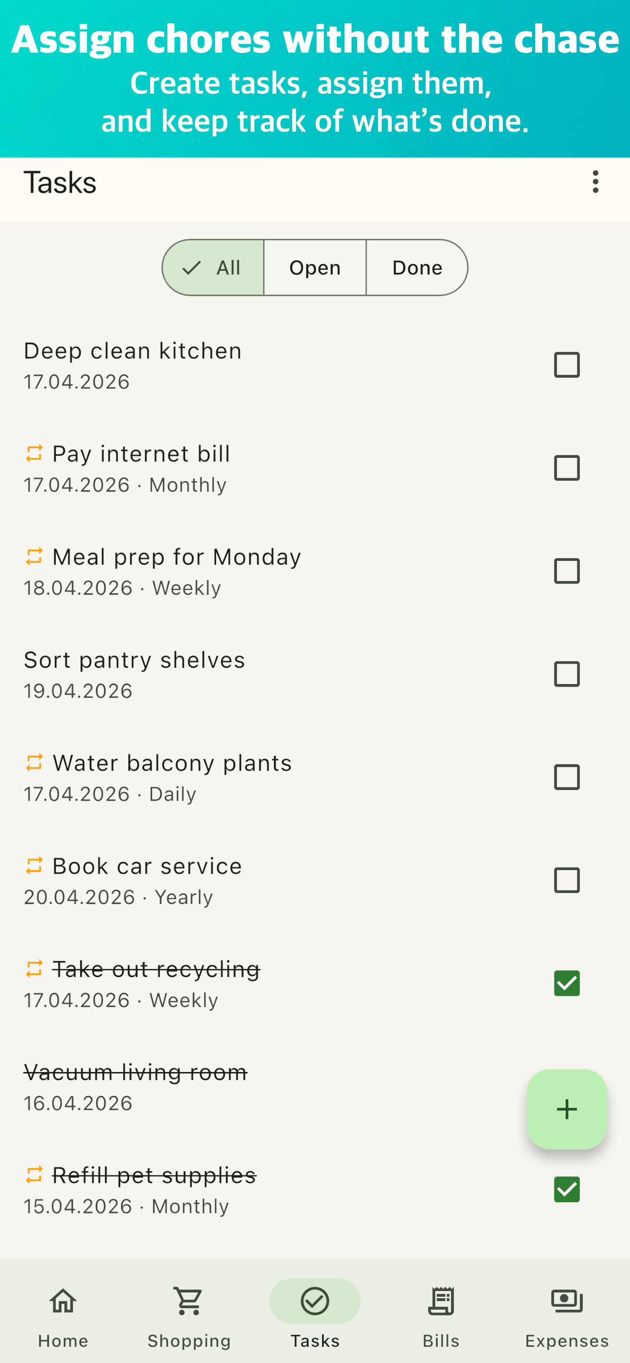 Roomli tasks and chores assignment screen