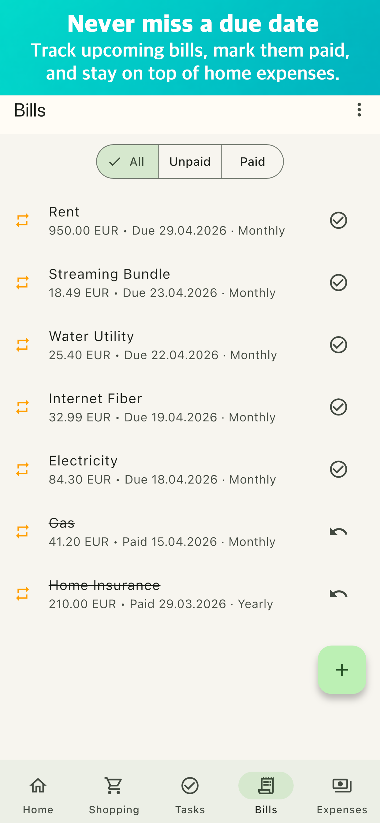 Roomli bills tracking screen