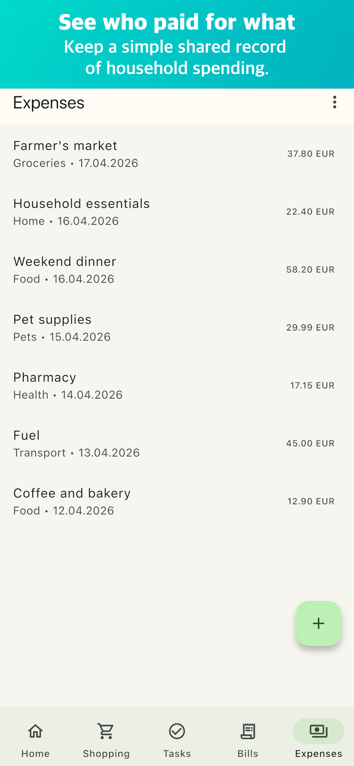 Roomli shared expenses tracking screen