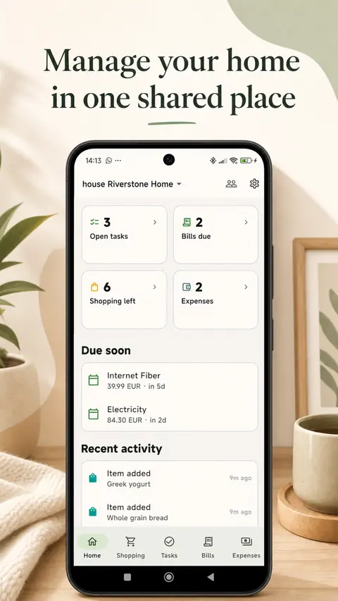 Roomli home dashboard showing open tasks, bills due, shopping list, and expenses