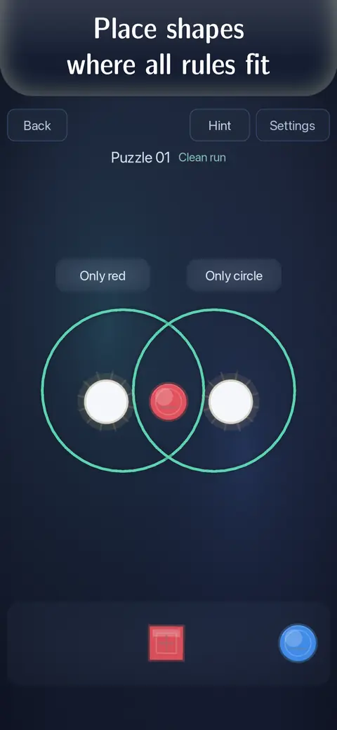 Rule Rings puzzle board with overlapping circles and geometric tokens