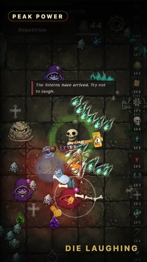 Die Laughing roguelite gameplay with the Interns enemy wave