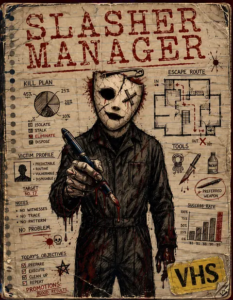 Slasher Manager cover art with hand-drawn notebook aesthetic