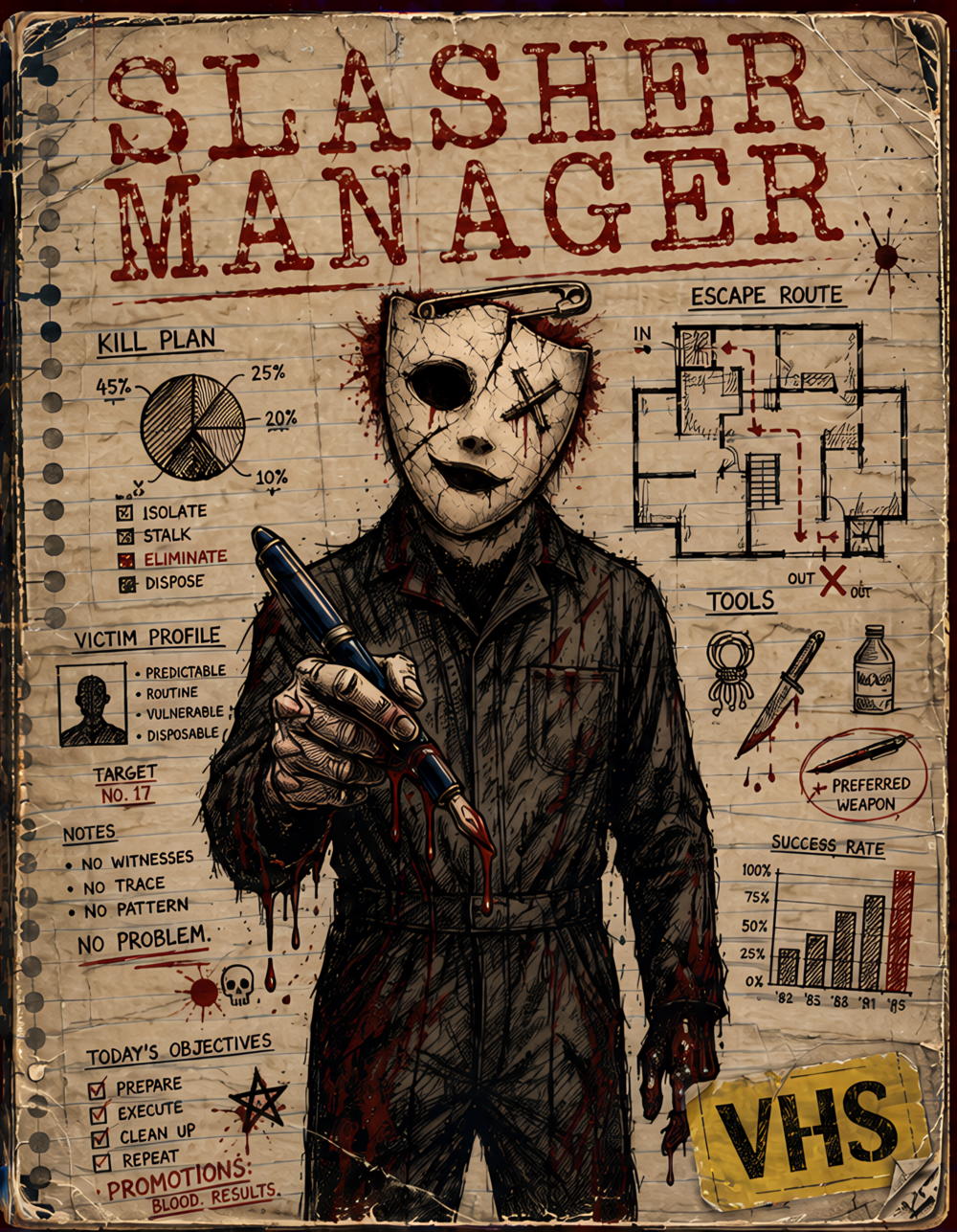 Slasher Manager gameplay preview showing the notebook-style idle interface