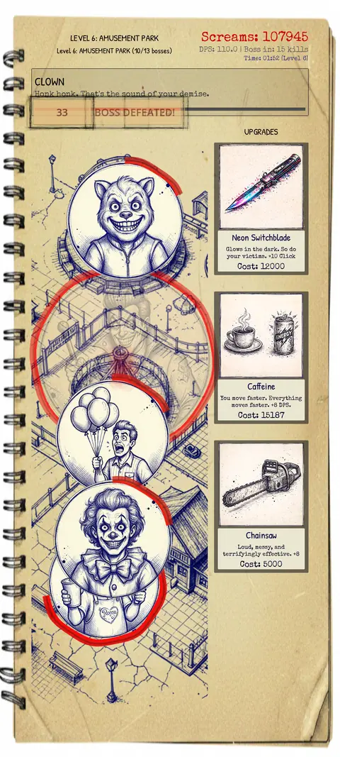 Slasher Manager level transition with notebook aesthetic