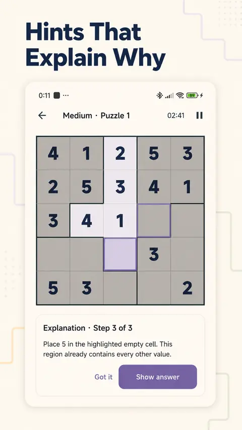 Suguru Tectonic Smart Hint explaining the reasoning behind a move