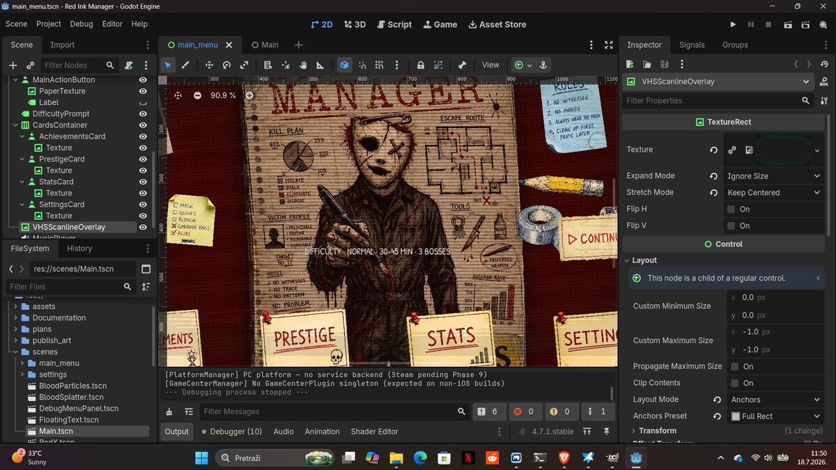 Slasher Manager main menu with VHS cover art, masked slasher figure, and scattered ink-and-paper index cards