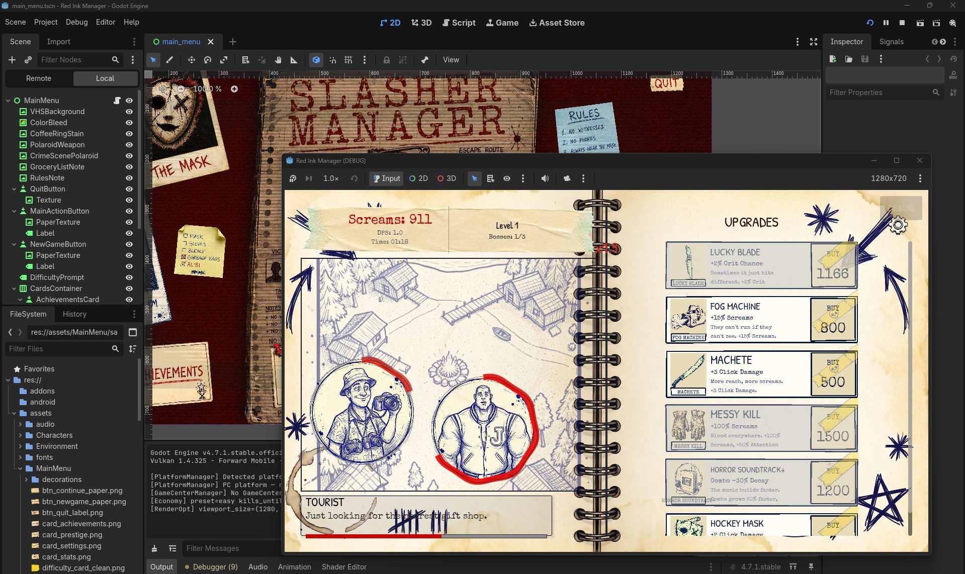 Godot editor on the left showing the main_menu scene tree with the new NewGameButton node, and the running game on the right with the new NEW GAME button visible below CONTINUE on the clean paper texture, against the VHS cover background