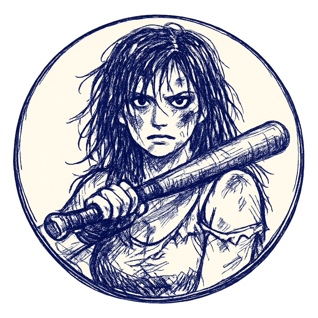 Final Girl boss in the same ink-and-paper aesthetic — baseball bat gripped defensively across chest, messy long hair, torn tank top, single circular border, no splatter halo