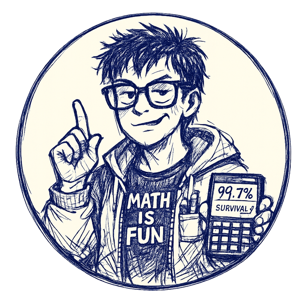 Geek victim with calculator displaying survival odds 99.7 percent, pocket protector with pens, raised index finger mid well actually lecture gesture, same ink-and-paper aesthetic, same single-circle border, same 70 percent scale