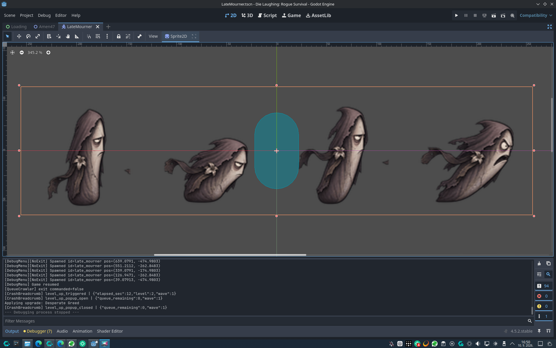 Late Mourner four-frame character sheet shown in the Godot editor, with idle, two movement poses, and an attack pose arranged across a horizontal strip