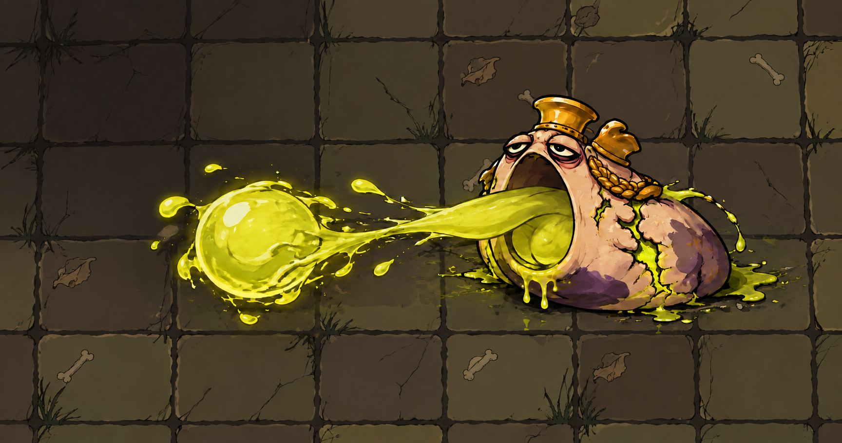 Bile Cantor launching a bright acid attack across the simplified square-tile arena in Die Laughing